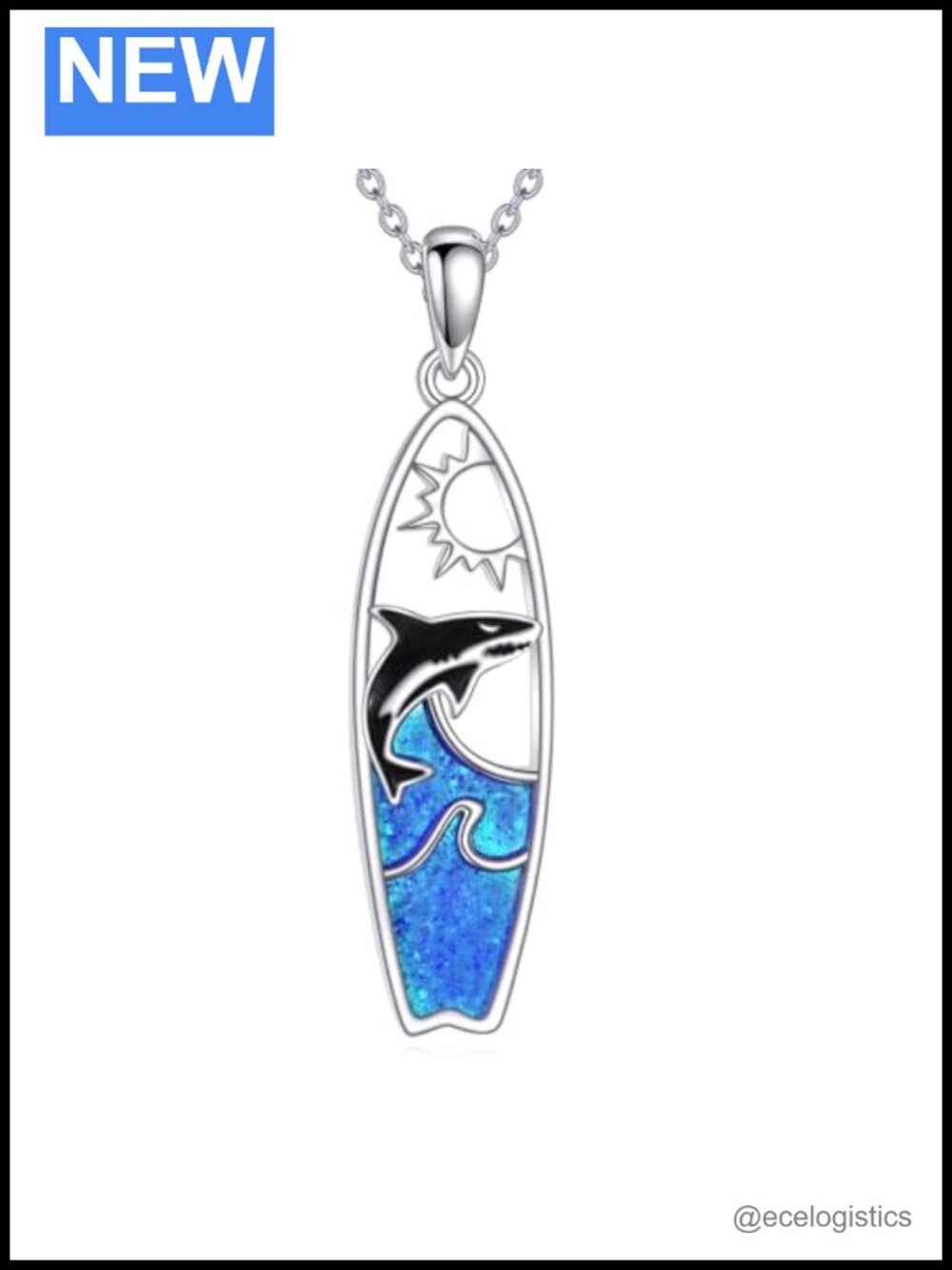 Surfboard Opal Shark Pendant Necklace Sterling Silver Ocean Charm